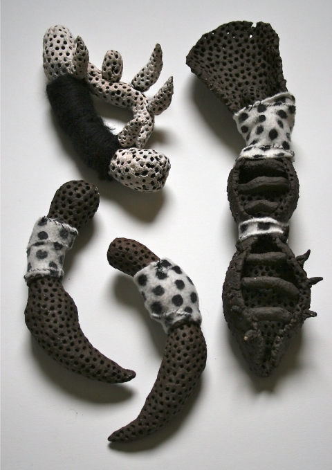 Implements . set of 4 Jane Deering Gallery Exhibition: Ceramics . 'A Thousand Hours' Ceramic, wire, wool, felt, thread, paint