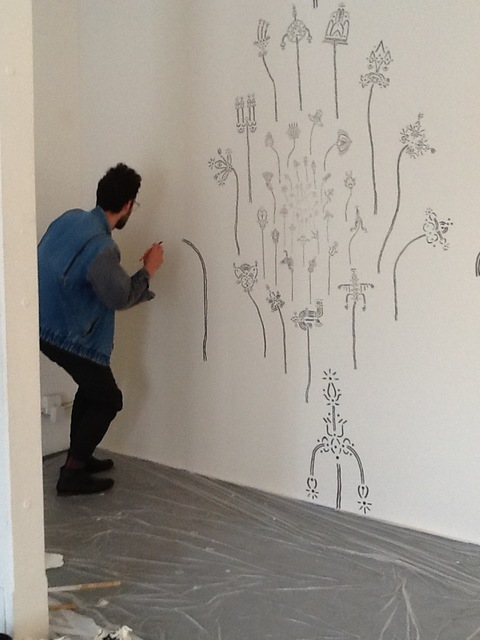 Nathan Hayden working on the wall drawing Jane Deering Gallery Nathan Hayden ink
