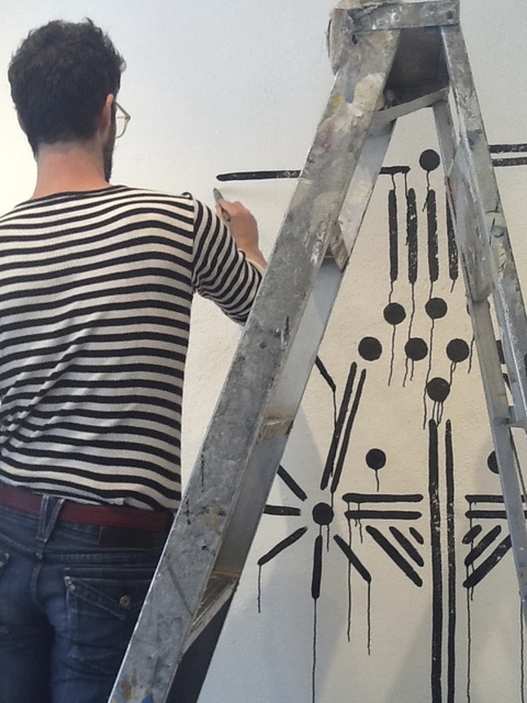 Nathan Hayden working on the wall drawing Jane Deering Gallery Nathan Hayden ink