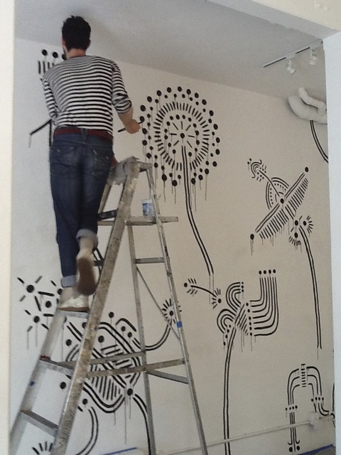 Nathan Hayden working on the wall drawing Jane Deering Gallery Nathan Hayden ink