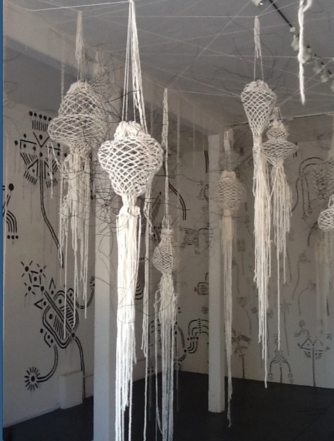 Installation shot of the sculptures Jane Deering Gallery Nathan Hayden Wire and yarn