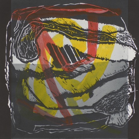 Contemplative Jane Deering Gallery Geoffrey Bayliss Linocut print (black ink) under viscosity monotype. Printed on Magnani Revere Silk paper.