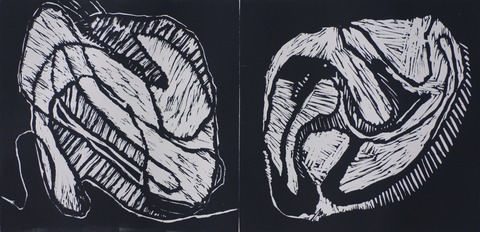 Doubly Dark, Inverted Jane Deering Gallery Geoffrey Bayliss Linocut print (black ink). Printed on Magnani Revere Silk paper.