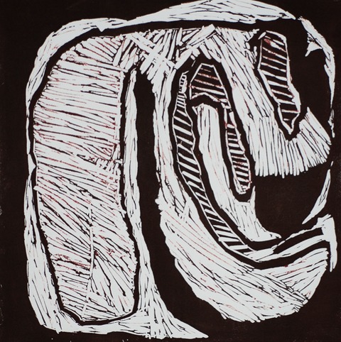 Furrowed I Jane Deering Gallery Geoffrey Bayliss Linocut print (black ink with red traces). Printed on Arches 88 paper.