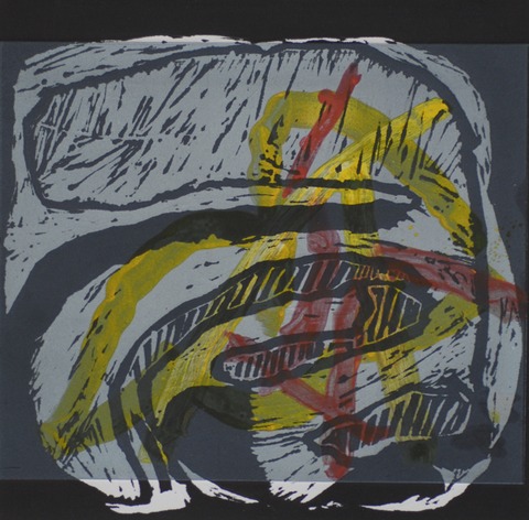 Furrowed V Jane Deering Gallery Geoffrey Bayliss Linocut print (black ink) under viscosity monotype . Printed on Magnani Revere Silk paper.