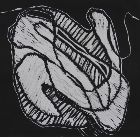 Swanfall Jane Deering Gallery Geoffrey Bayliss Linocut print (black ink). Printed on Magnani Revere Silk paper