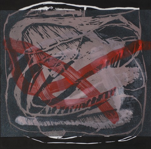 Red Mark on Dark Field Jane Deering Gallery Geoffrey Bayliss Linocut print (black ink) under viscosity monotype. Printed on Magnani Revere Silk paper