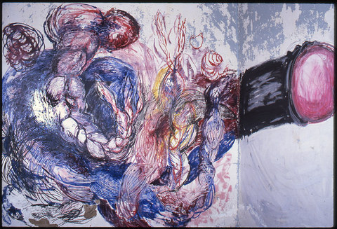 Detail of collaboration with Keith Davis 1983 THE PIER 34 SHOW paint on plaster wall