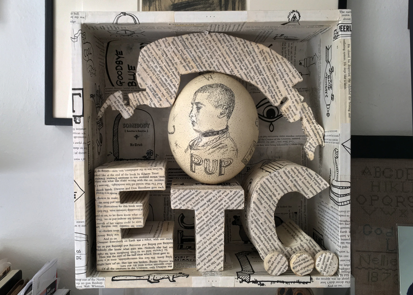 ETC... JEN BANDINI constructions Ostrich egg with Scrimshaw, book pages, paper, wood, PVA