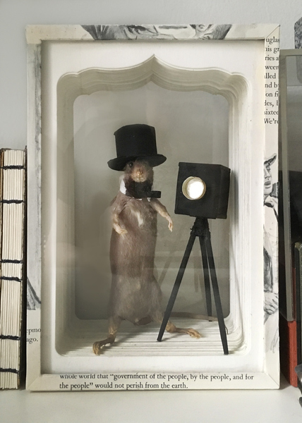 1860 (Abe Lincoln Rat) JEN BANDINI constructions Taxidermy, paper, book pages, glass, wood
