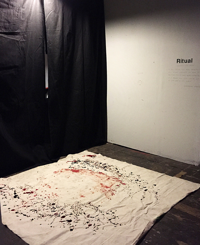 Ritual Jennifer Leigh Wright Song Feminist Artwork human blood, animal blood, canvas, shot glasses
