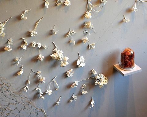 Swell Swell bell jar . copper wire . plasticized silk flowers . rhinestones