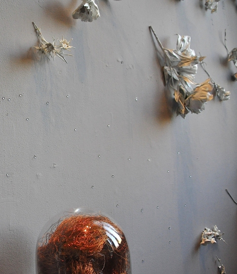 Swell Swell bell jar . copper wire . plasticized silk flowers . rhinestones