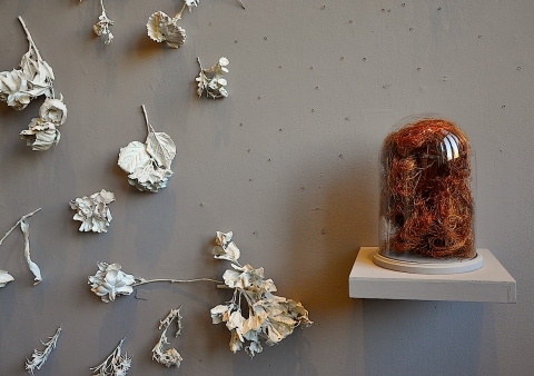 Swell Swell bell jar . copper wire . plasticized silk flowers . rhinestones