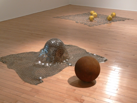 Glistening Pearl + Argyle Blanket Tautologos stainless steel, steel + vinyl soccer balls