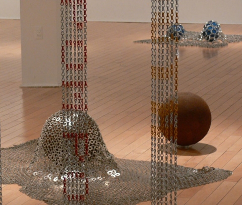 installational view Tautologos Curtained Bracelets . Glistening Pearl + Bubbles in back ground