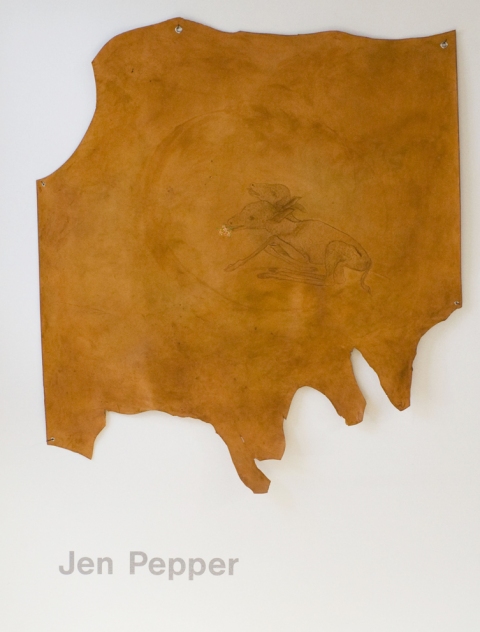 Spring Skins tooled leather, stain + acrylic