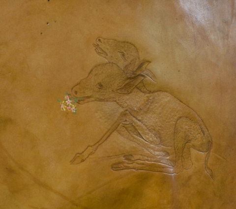 Spring Skins tooled leather, stain + acrylic