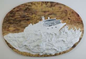 Jeph Gurecka solo exhibition, "Shiny Bright Souvenir", 2008 31Grand Gallery, New York, NY. cast salt, resin, automotive enamel pearls, boat wax, mounted on faux distressed wood panel.