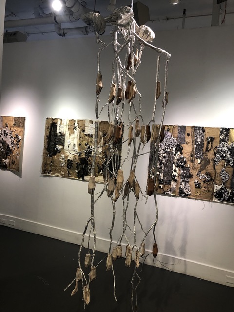 Our Hands in Your Hands Past Exhibition Images red clay, white stoneware, porcelain, driftwood, branches, silver leaf, paint, oxides, wire, monofilament, fasteners
