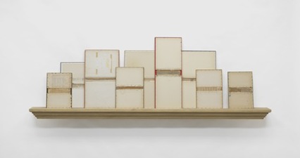 John Fraser sculpture/assemblage Mixed Media Collage on Wood Panels, with Wood Shelf Construction