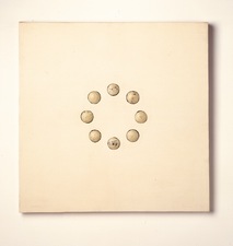 John Fraser paintings Graphite, Acrylic, and Varnish on Linen, Mounted to Wood Panel, with Inlaid (found) Wood Half-spheres