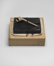 John Fraser sculpture/assemblage Waxed Maple Plinth, Leather East Indian Ledger w/ Unbound Papers, Cording, Ink & Sealing Wax on Cotton, Acrylic on Found Clay Pipe