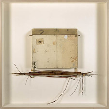John Fraser sculpture/assemblage Graphite, Acrylic, Colored Pencil, Inlaid M/M Collage, Silk Textile, Thread, Silk Embroidery Floss, Enamel & Carbon-stain on Wood, Ivory Dice, Hemp Cording, Black Screws, Found Wood Rule, on Wood Support Structure, Wood Sphere, w/ Found Object ”bundle”