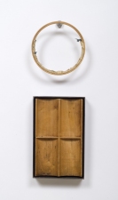 John Fraser sculpture/assemblage Waxed & Welded Steel, Waxed Wood, Acrylic on Fabric & Found Wood Embroidery Hoop, Stainless Hook (3 Parts)