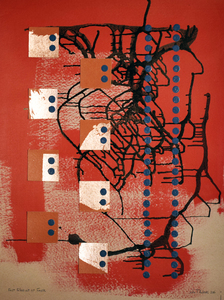 John T Adams Expo67-My First Exposure to Brutalist Architecture Acrylic paint, copper leaf and ink on Ram Board