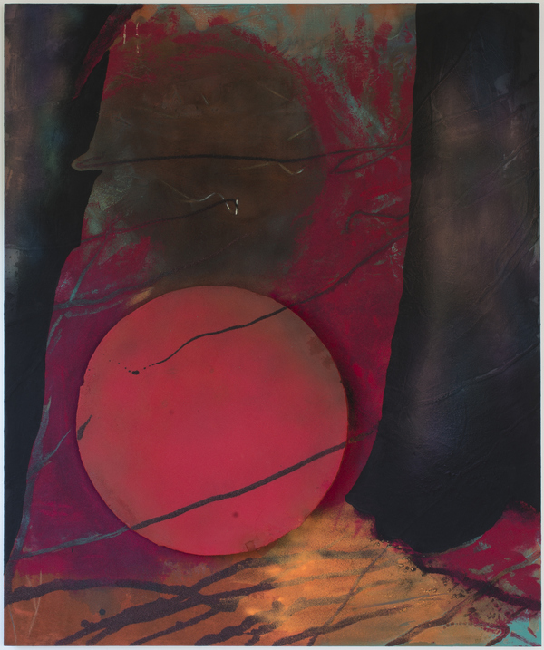 Untitled (predator vs rekall/red mirage) Jon Marshalik 2016 synthetic polymers, sand, and foam disk on polyester