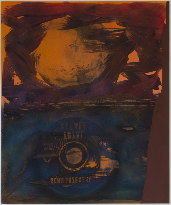 Untitled (predator vs rekall/in the water) Jon Marshalik 2016 synthetic polymers and sand on polyester