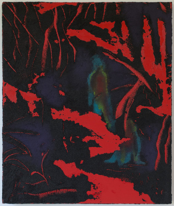 Untitled (predator vs rekall) Jon Marshalik 2016 synthetic polymers and sand on polyester