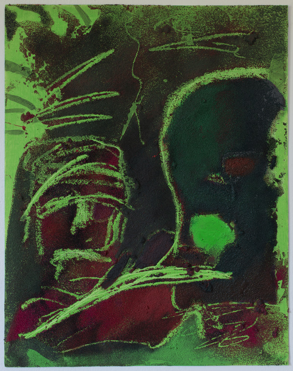 Untitled (predator vs rekall) Jon Marshalik 2016 synthetic polymers and sand on board