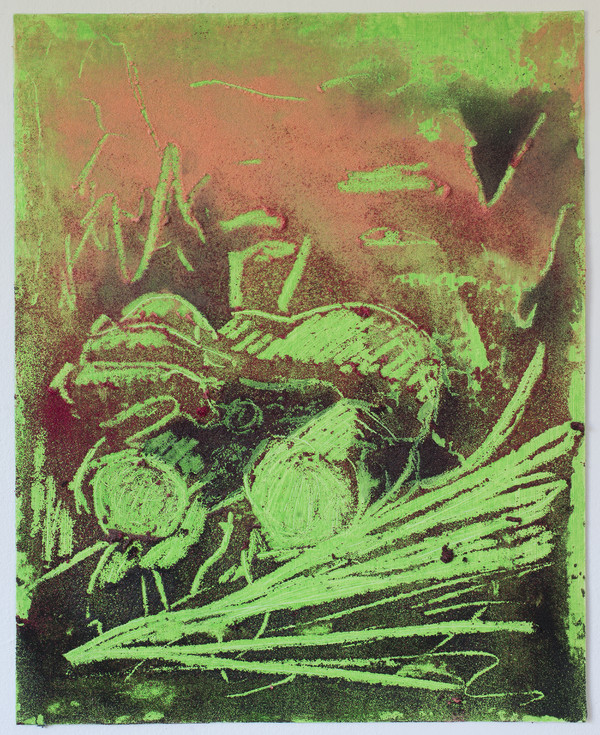 Untitled (predator vs rekall) Jon Marshalik 2016 synthetic polymers and sand on board