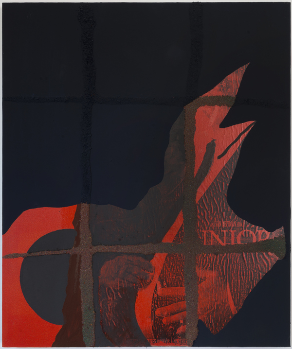Untitled (junior view/red window) Jon Marshalik 2017 synthetic polymers and sand on polyester