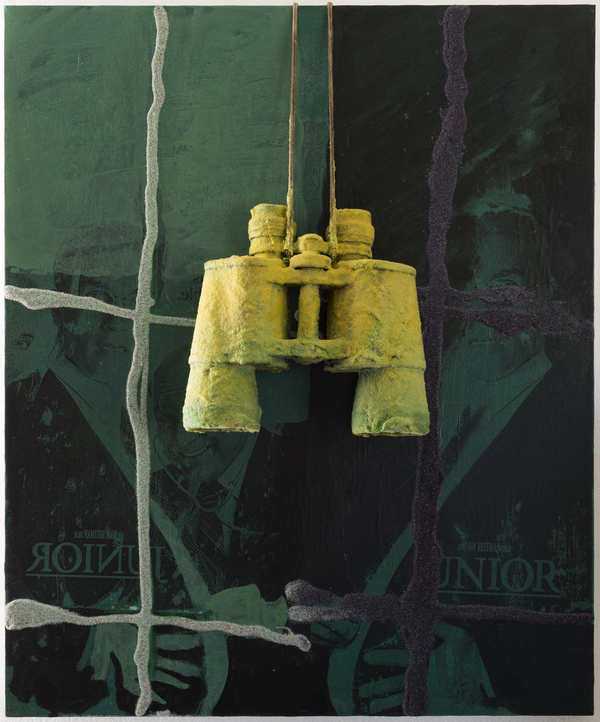 Untitled (junior view) Jon Marshalik 2017 synthetic polymers, sand, and binoculars on polyester