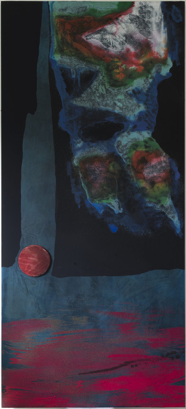 Untitled (curtain view) Jon Marshalik 2017 synthetic polymers, sand, and disk on panel