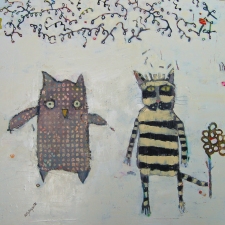 kathy beynette owl and pussycat mixed media on canvas