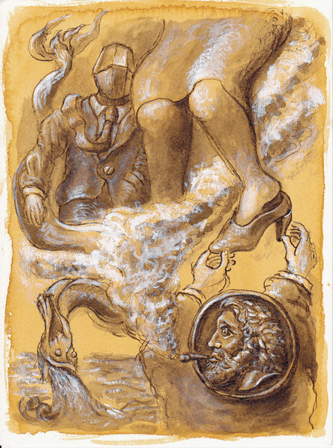 "Shoe Salesman" - Jeffrey Ackerman Narratives #1 sepia ink and gouache on paper