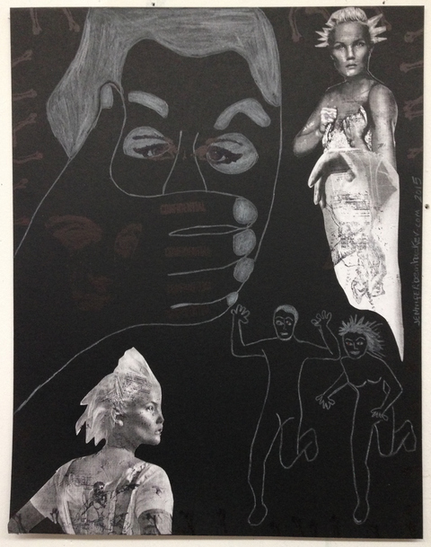 "Confidential" Narratives #4 Cretacolor aqua monolith pencil, collage, stamps