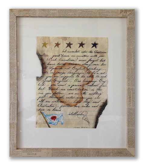 "Relief for the Portland Sufferers (stillsober)" Now & Then: PPL Reconfigured ink, gouache on paper with vintage newspaper collaged frame