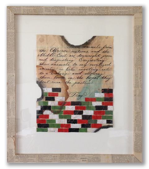 "Relief for the Portland Sufferers (Tray)" Now & Then: PPL Reconfigured ink, gouache on paper with vintage newspaper collaged frame