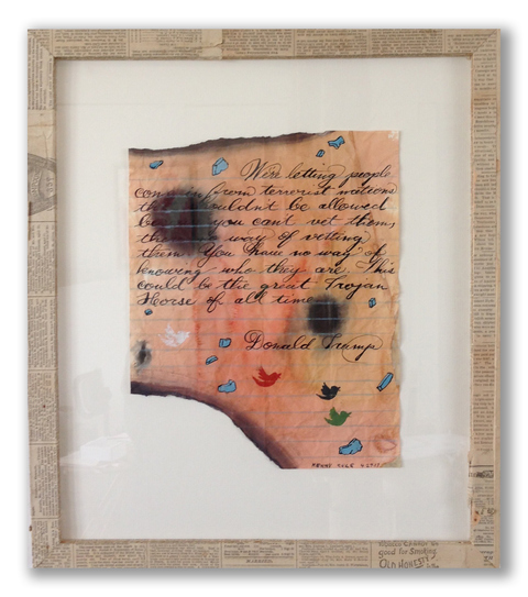 "Relief for the Portland Sufferers (Donald Trump)" Now & Then: PPL Reconfigured ink, gouache on paper with vintage newspaper collaged frame