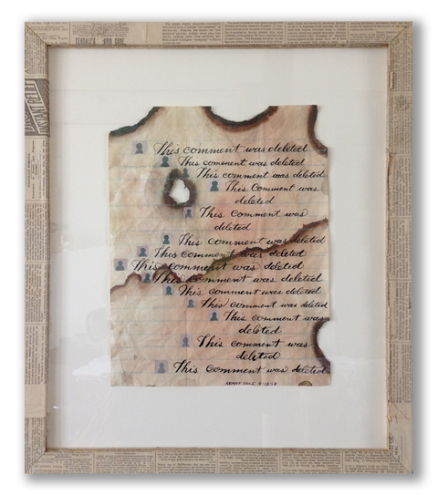 "Relief for the Portland Sufferers (Comment Deleted)" Now & Then: PPL Reconfigured ink, gouache on paper with vintage newspaper collaged frame