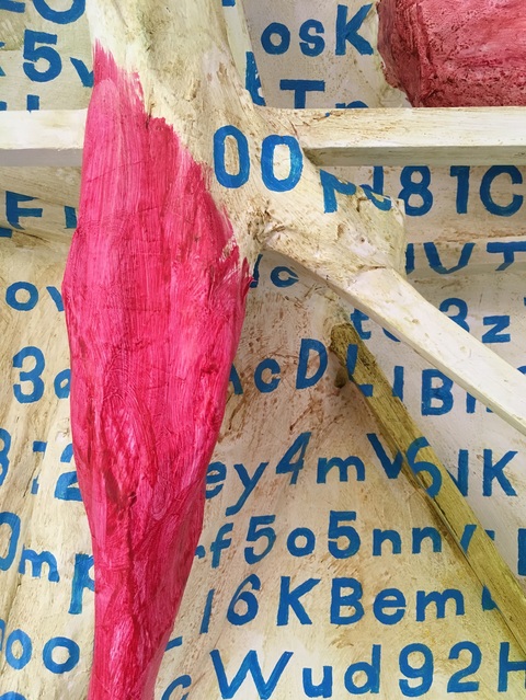 "The World on Steroids" (detail back) Indigestion Acrylic, papier-mâché on canvas