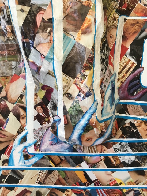 "The World on Steroids" (detail front) Indigestion Collage, acrylic, papier-mâché on canvas