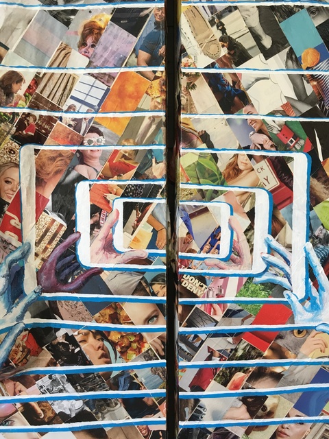 "The World on Steroids" (detail front) Indigestion Collage, acrylic, papier-mâché on canvas