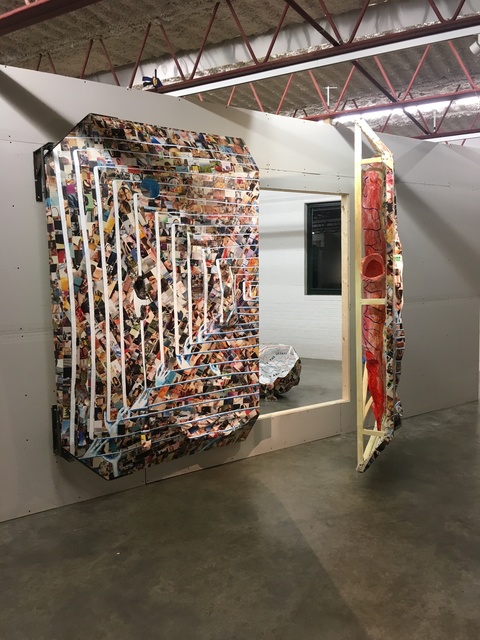 "The World on Steroids" Indigestion Acrylic, collage, plastic packaging, papier-mâché on canvas