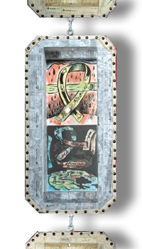 Operation Mushroom (back view) Operation 21 Prayer Salute Ink, watercolor, plastic, cancelled checks on paper.